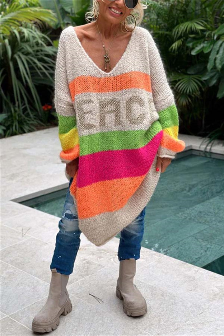 Color Block V-Neck Long Sleeve Sweater Dress for Women