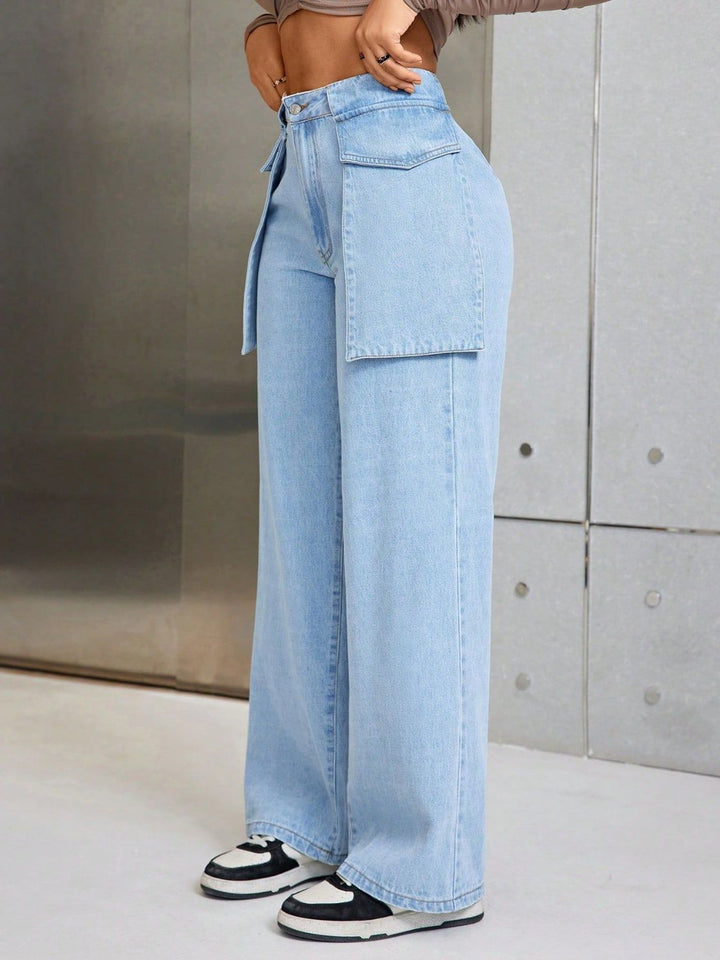 Chic Pocketed Wide Leg Denim Trousers for Stylish Comfort