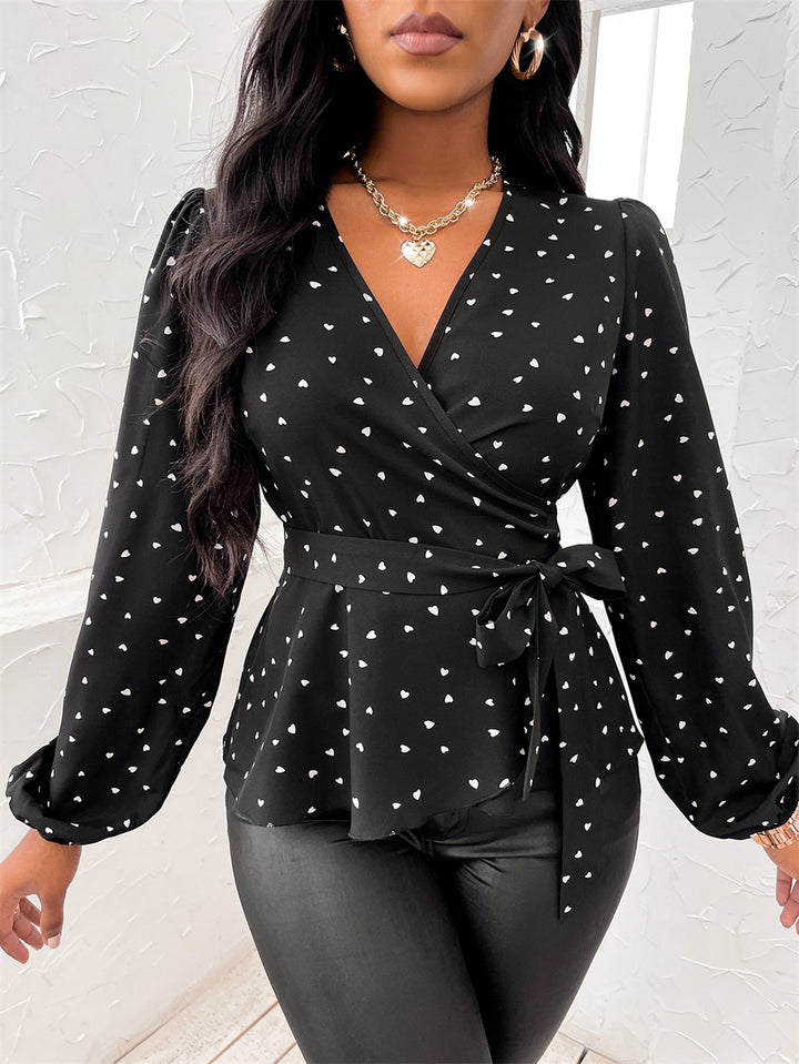 Heart Print Surplice Balloon Sleeve Blouse for Women