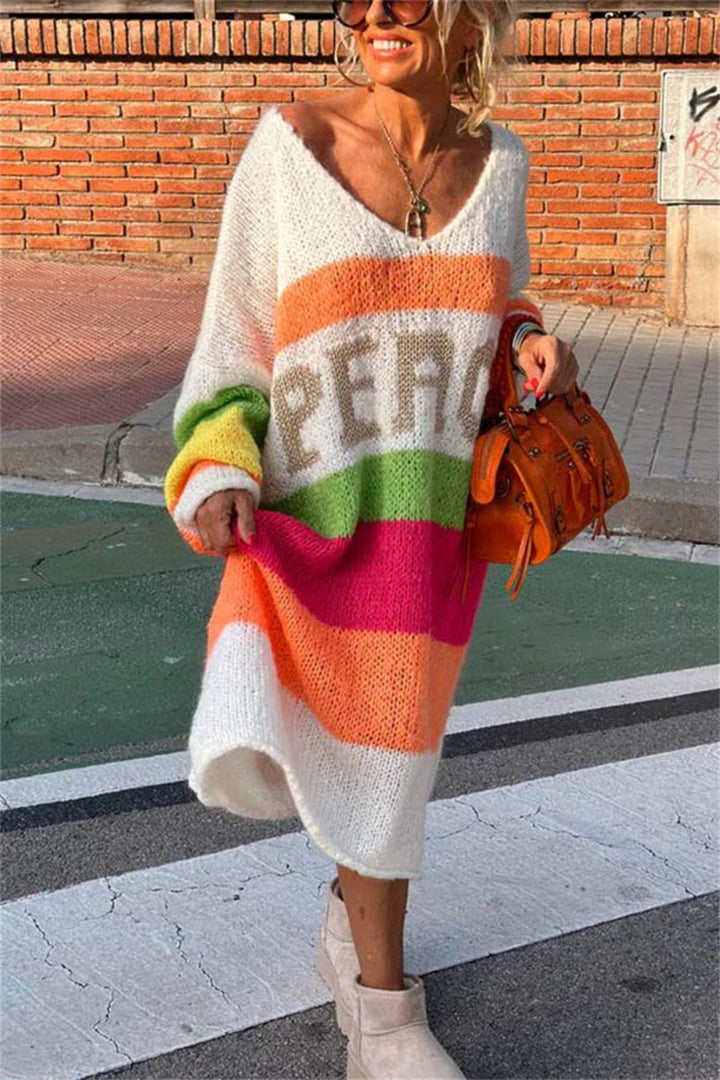 Color Block V-Neck Long Sleeve Sweater Dress for Women