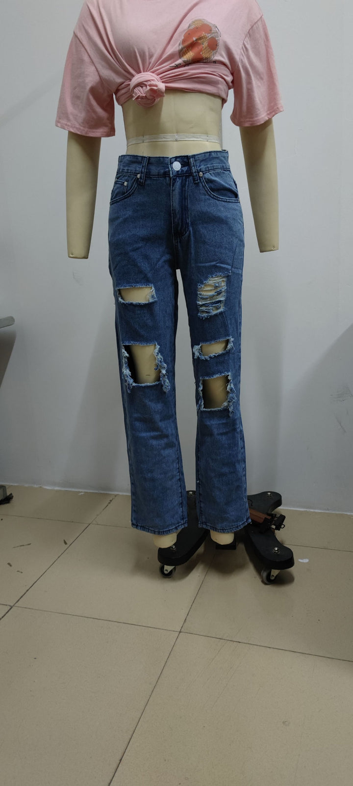 Vintage High Waist Distressed Wide Leg Denim Jeans for Women