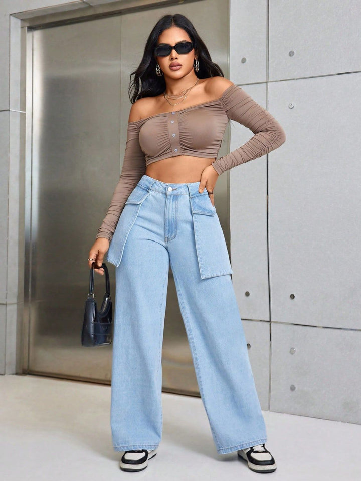 Chic Pocketed Wide Leg Denim Trousers for Stylish Comfort