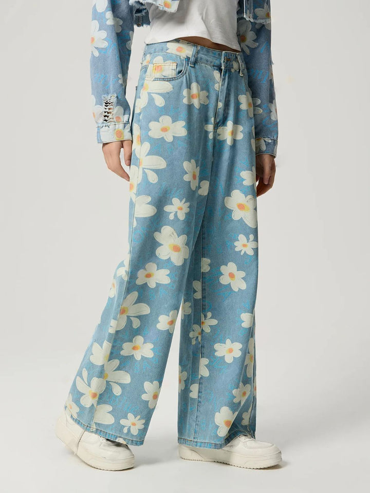 Pocketed Floral Wide Leg Jeans for Stylish Comfort