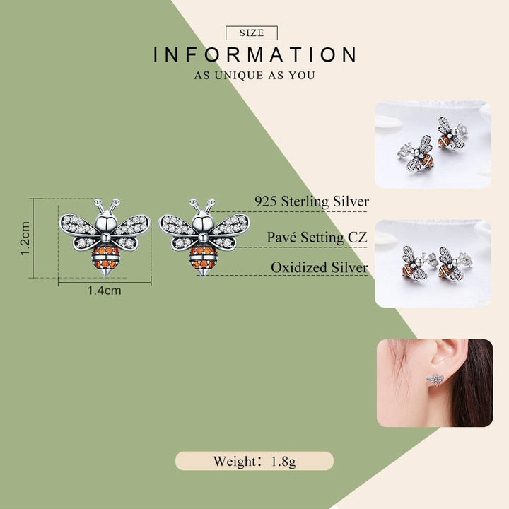 925 Sterling Silver Bee Story Clear CZ Exquisite Stud Earrings for Women Fashion Silver Jewelry