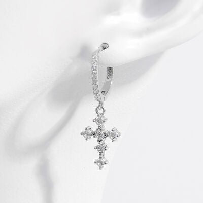 925 Sterling Silver Inlaid Zircon Cross Dangle Earrings Set