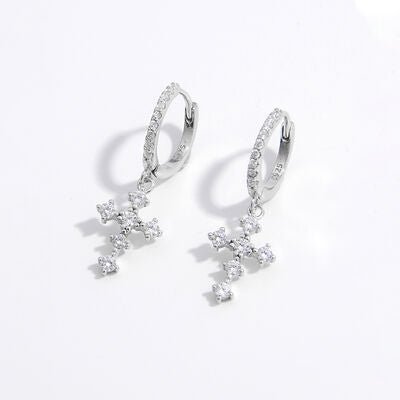 925 Sterling Silver Inlaid Zircon Cross Dangle Earrings Set