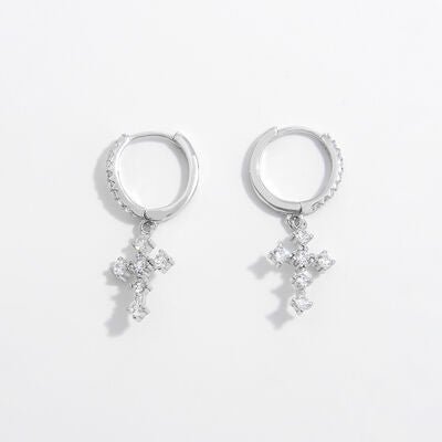 925 Sterling Silver Inlaid Zircon Cross Dangle Earrings Set