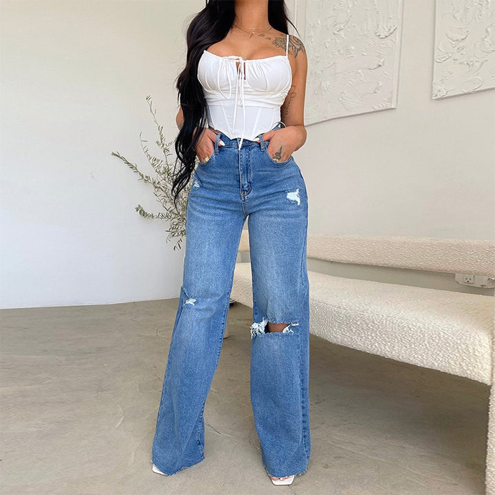 Casual High Waist Wide Leg Denim Jeans for Women Ripped Plus Size Mom Trousers