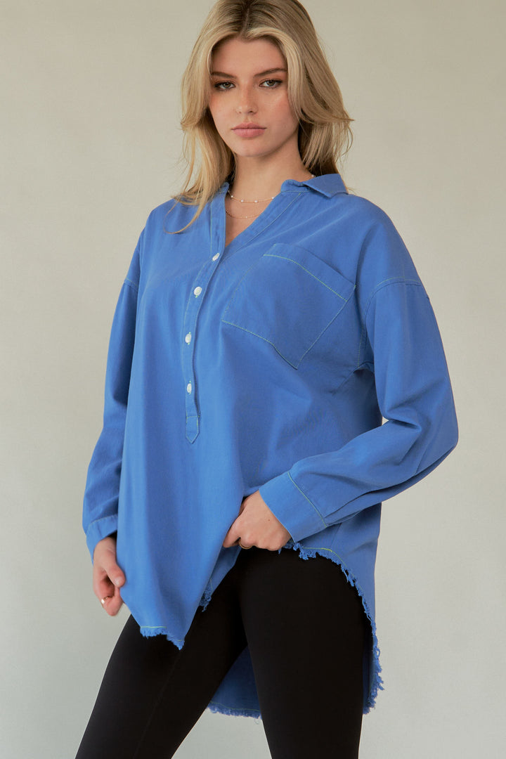 Davi & Dani Letter Back Raw Hem Half Button Shirt Style