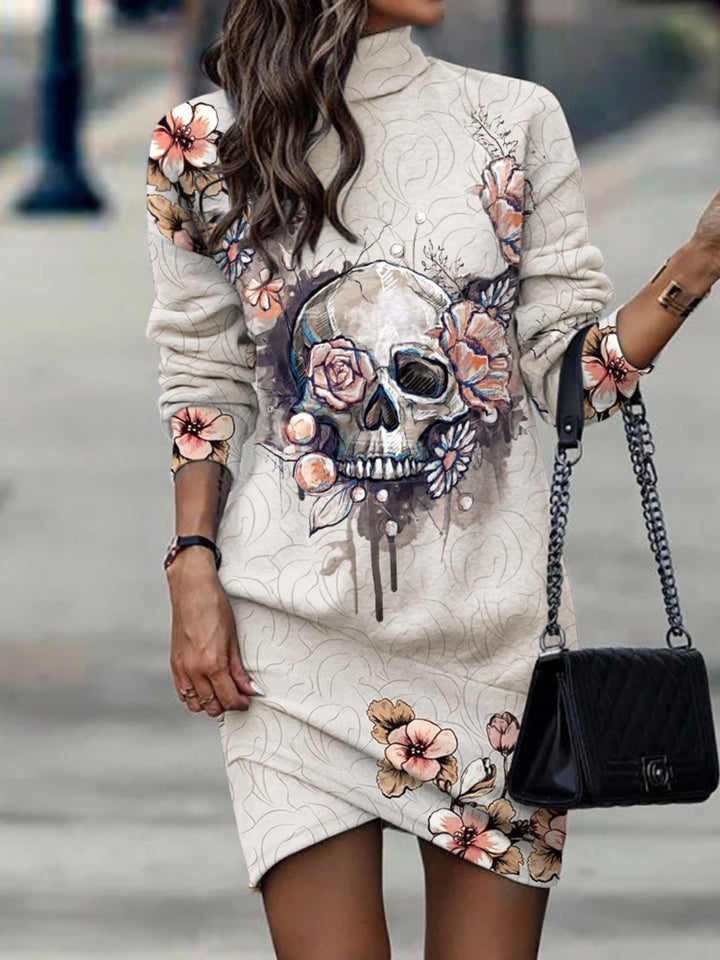 Printed Turtleneck Long Sleeve Mini Dress for Chic Style