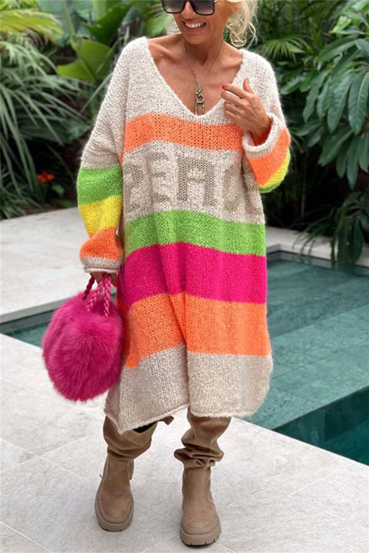 Color Block V-Neck Long Sleeve Sweater Dress for Women