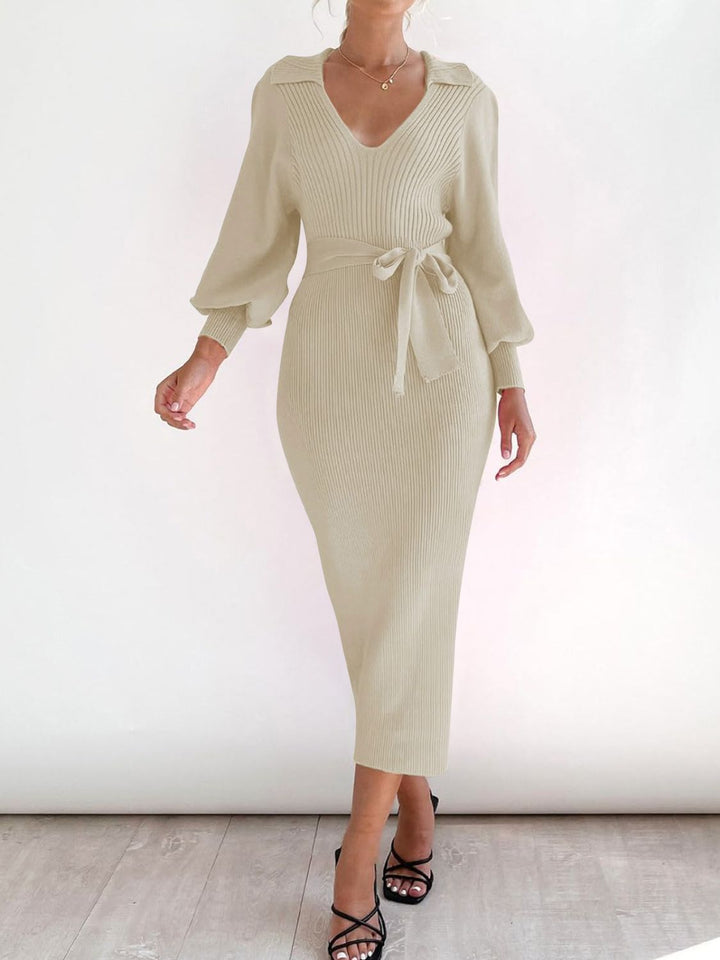 Perfee Tied Long Sleeve Wrap Sweater Dress for Women