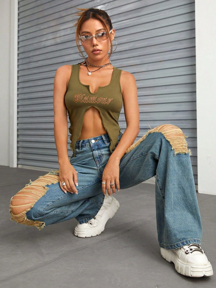 Chic Distressed Wide Leg Denim Trousers with Pockets Online