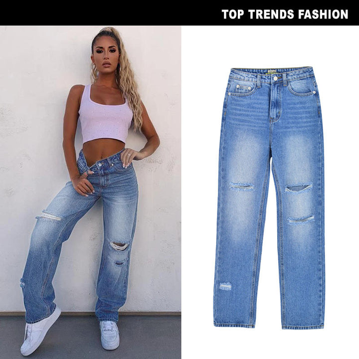 Trendy Distressed High-Waisted Loose-Fit Denim Pants