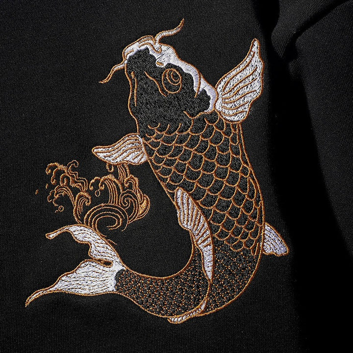 Embroidered Koi Design Heavy Industry Cotton Pullover Sweatshirt