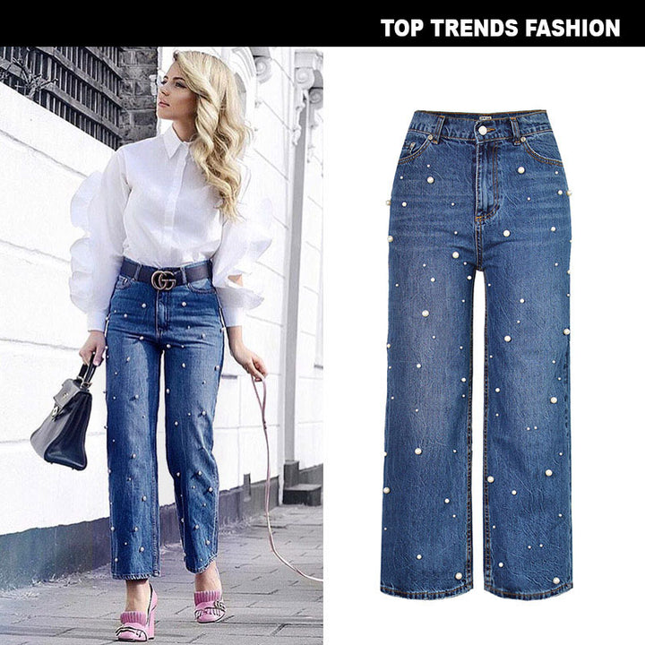 Women's High-Waisted Wide-Leg Flared Jeans With Pearl Details
