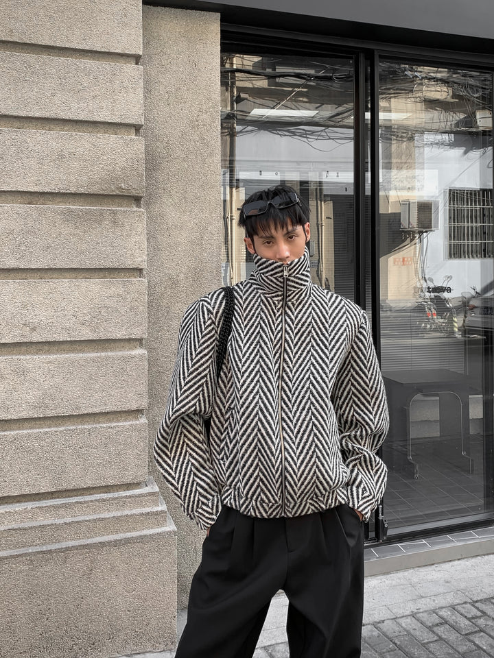 Men's Korean Plaid Wool Zip Jacket Trendy Casual Outerwear