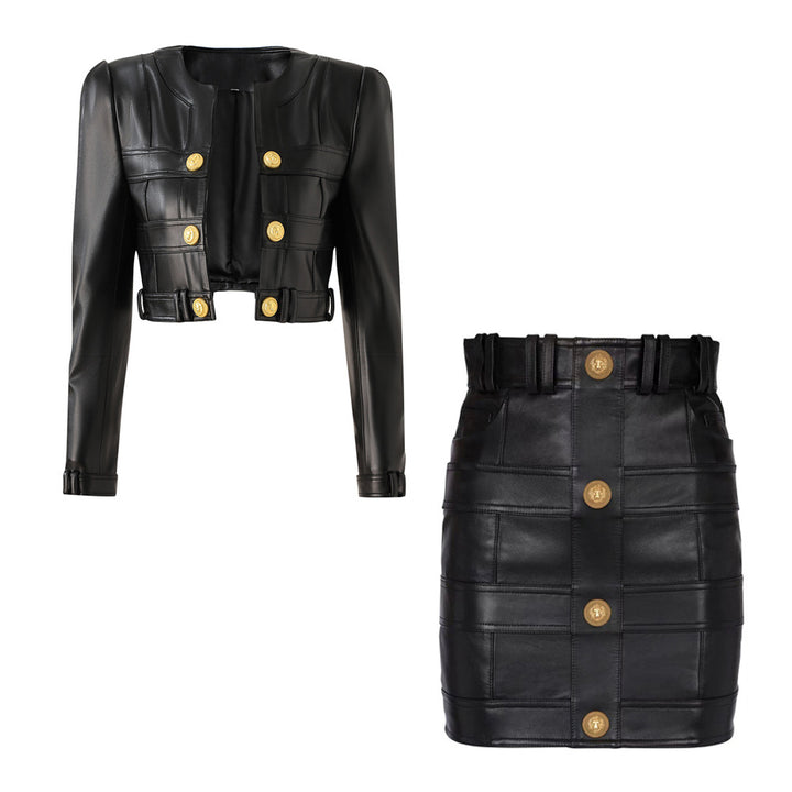 Chic PU Leather Spliced Round Neck Cardigan with Shoulder Pads