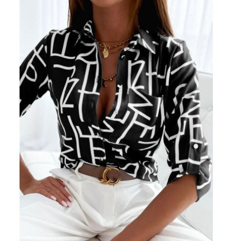 Chic Floral Print Long Sleeve Dacron Blouse for Women