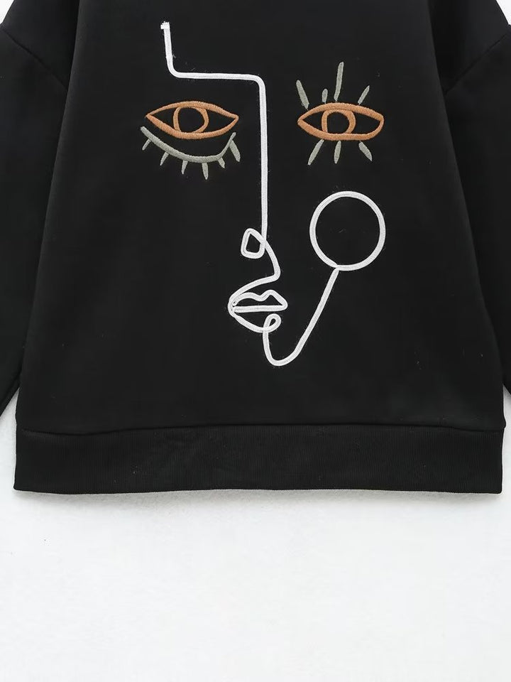 Chic Abstract Embroidered Fleece Hoodie for Women Zevity