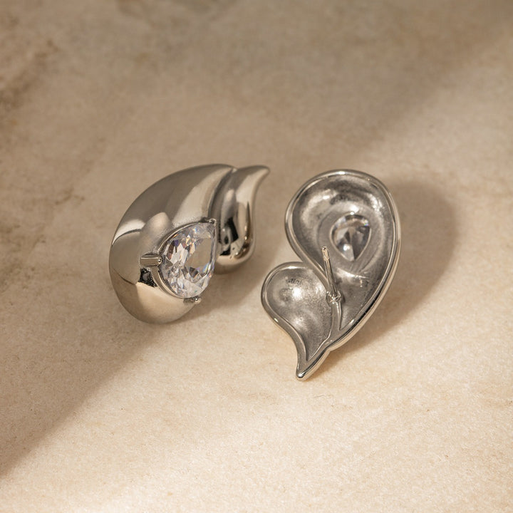 18k gold stainless steel white diamond earrings with double layered droplet shaped diamond inlaid earrings