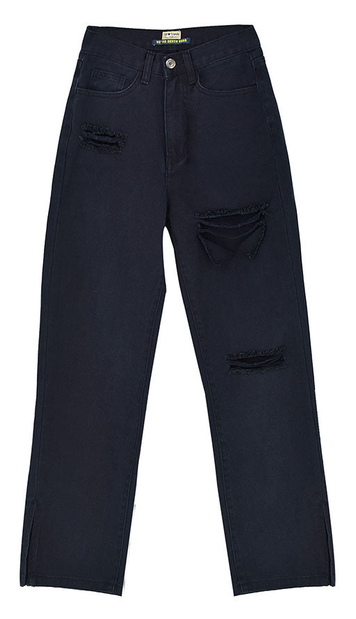 Women's Distressed High-Rise Straight-Leg Denim Pants