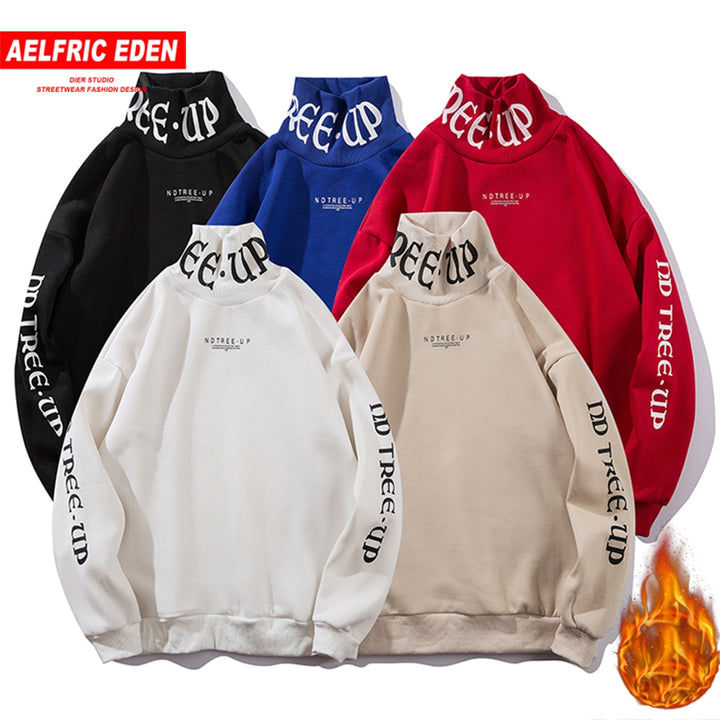 Trendy Urban Men's Turtleneck Hoodies with Bold Letter Graphics