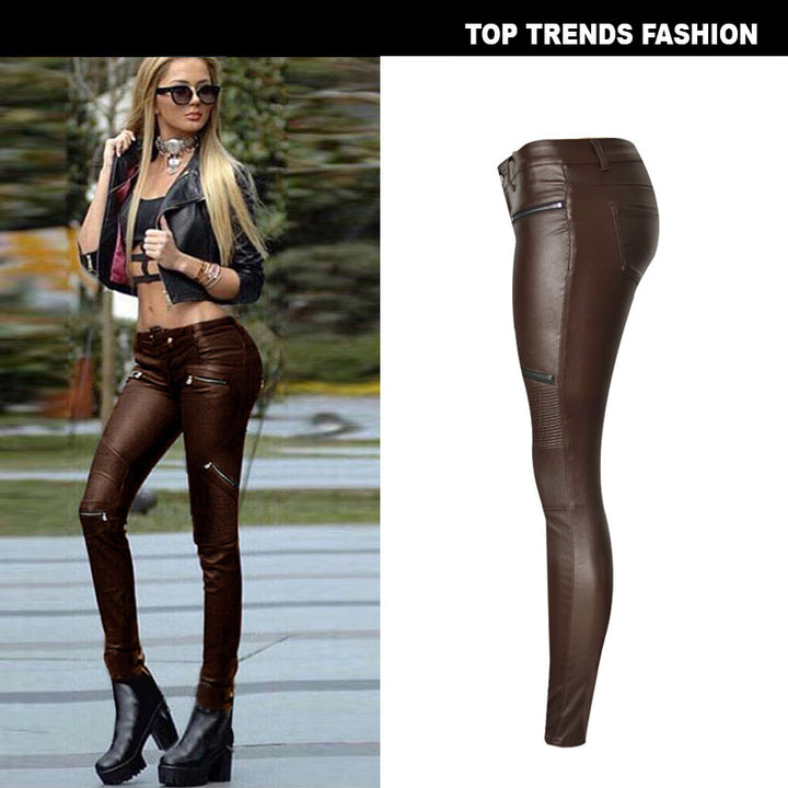 Brown Faux Leather Denim Pencil Pants with Multi-Zip Design