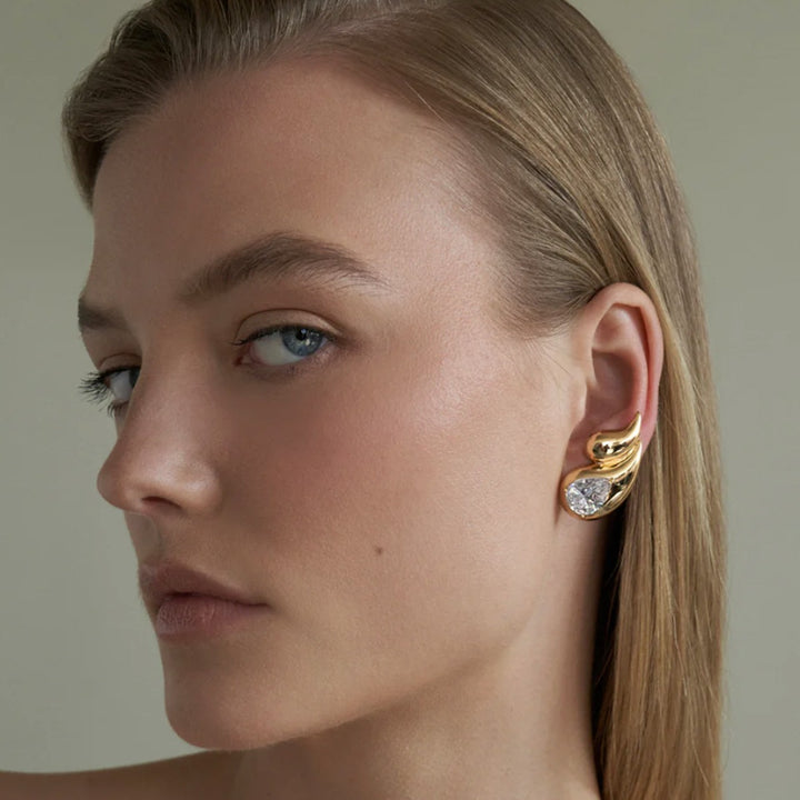 18k gold stainless steel white diamond earrings with double layered droplet shaped diamond inlaid earrings