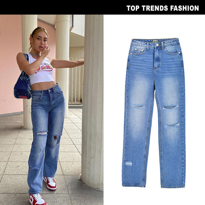 Trendy Distressed High-Waisted Loose-Fit Denim Pants