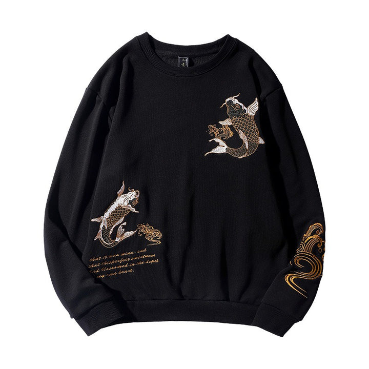 Embroidered Koi Design Heavy Industry Cotton Pullover Sweatshirt
