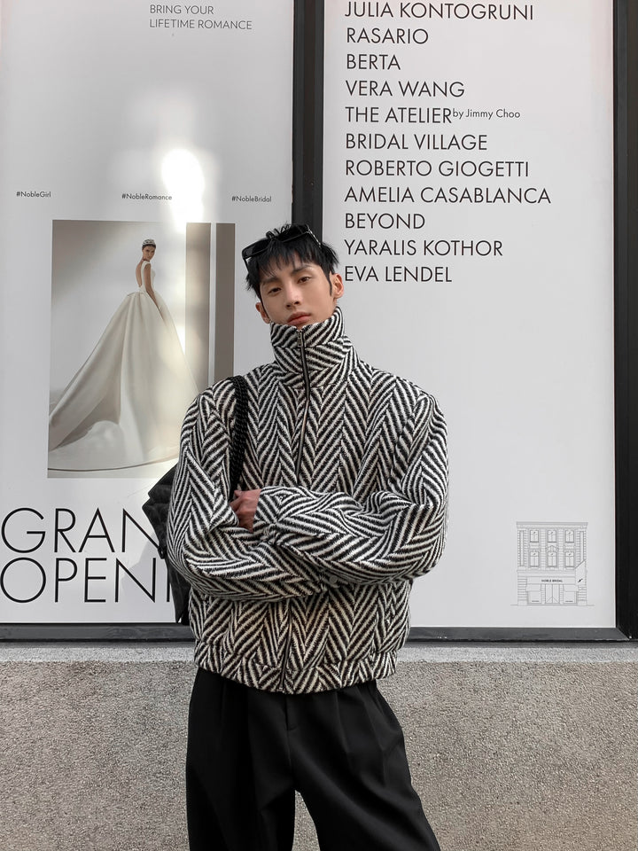 Men's Korean Plaid Wool Zip Jacket Trendy Casual Outerwear