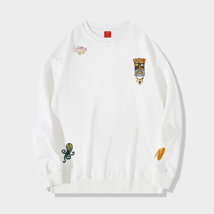 Cultural Charm Cartoon Embroidered Men's Long Sleeve Sweatshirt