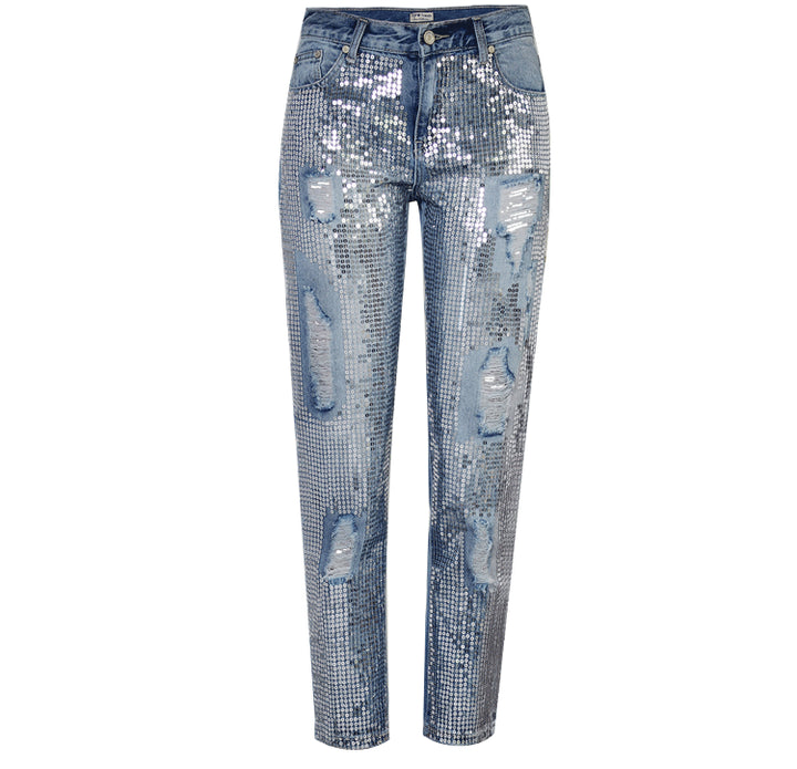 Women's Light Wash Distressed Metallic Embroidered Jeans