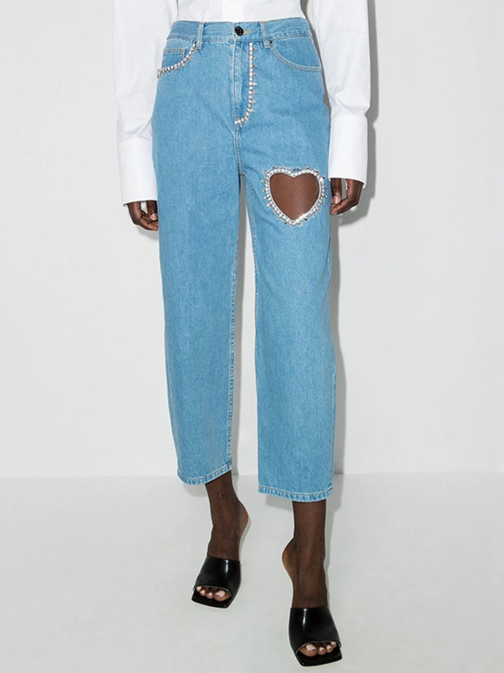 Heart-Shaped Diamond Hollow Out Loose Fit Ankle Jeans