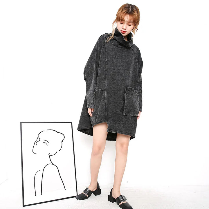 Oversized Irregular Denim Turtleneck Pullover Sweatshirt