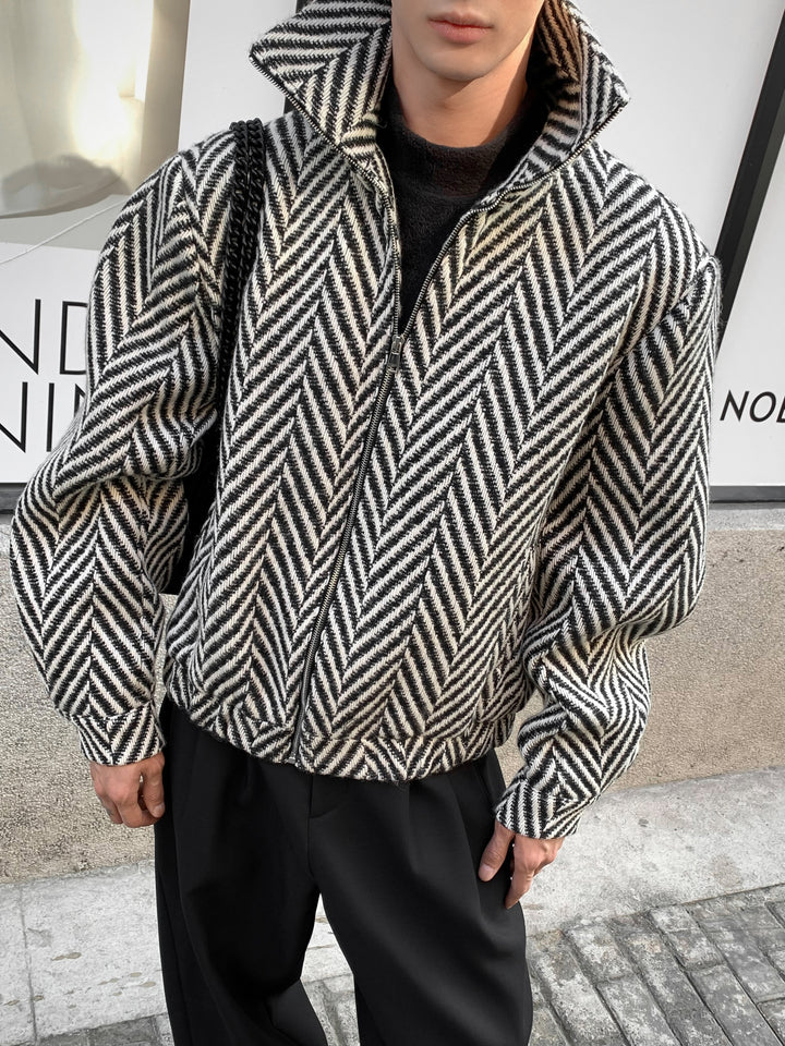 Men's Korean Plaid Wool Zip Jacket Trendy Casual Outerwear