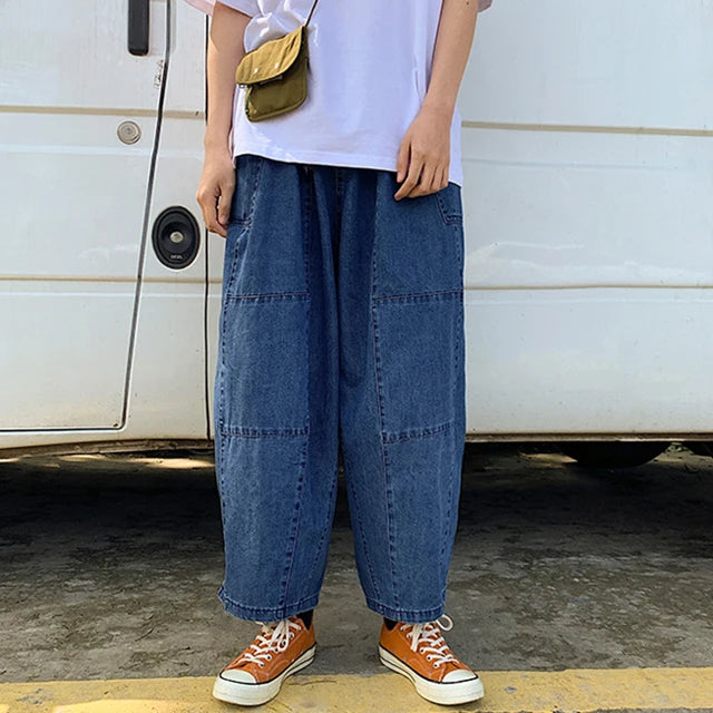 Men's Relaxed Fit Ankle-Cut Wide Leg Denim Pants for Style