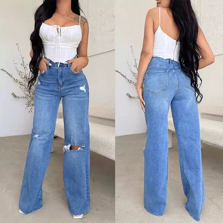 Casual High Waist Wide Leg Denim Jeans for Women Ripped Plus Size Mom Trousers