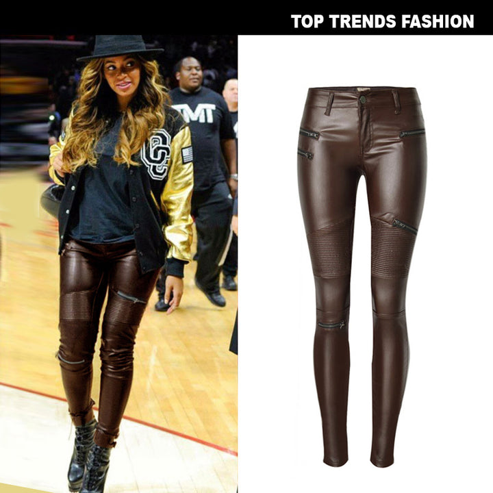 Brown Faux Leather Denim Pencil Pants with Multi-Zip Design