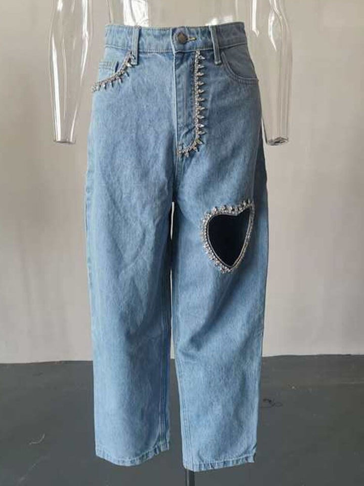 Heart-Shaped Diamond Hollow Out Loose Fit Ankle Jeans