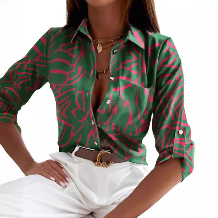 Chic Floral Print Long Sleeve Dacron Blouse for Women