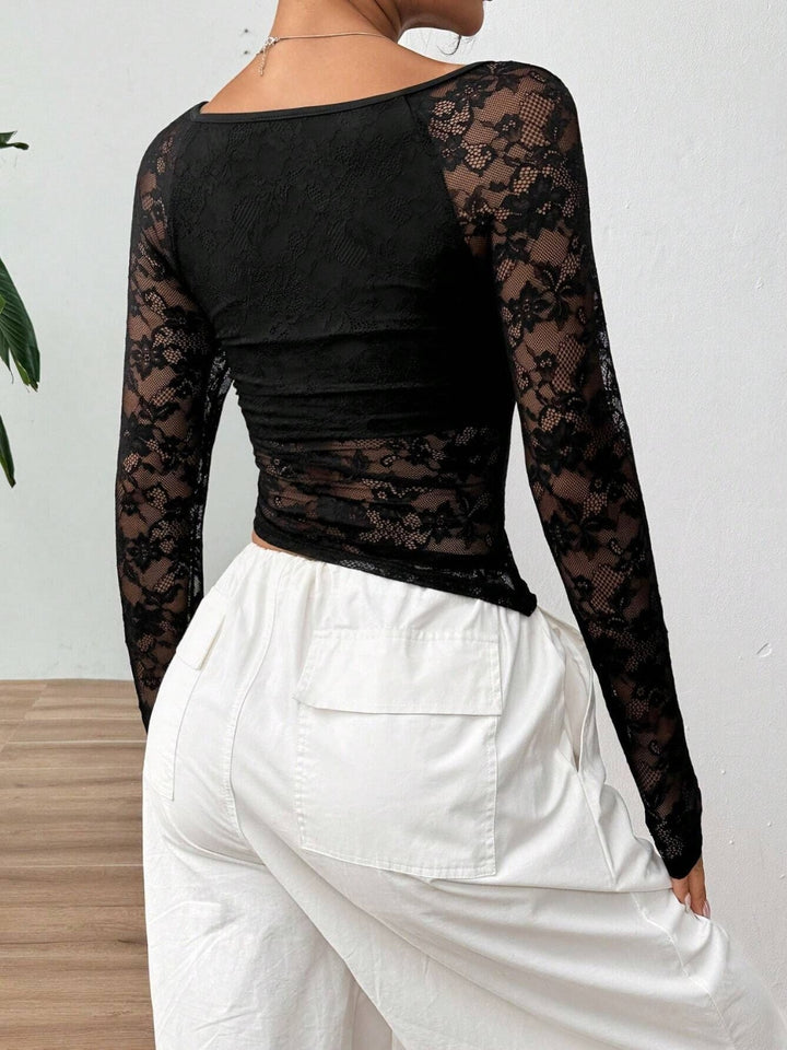 Square Neck Long Sleeve Lace Top for Elegant Women