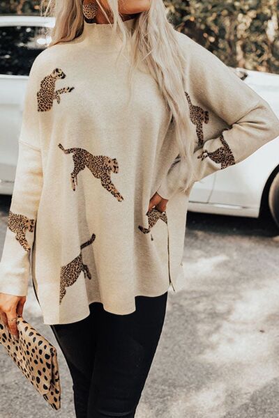 Stylish Animal Print Mock Neck Sweater with Side Slit