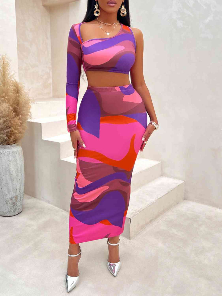 Chic Asymmetrical Crop Top with High-Slit Skirt Set Outfit