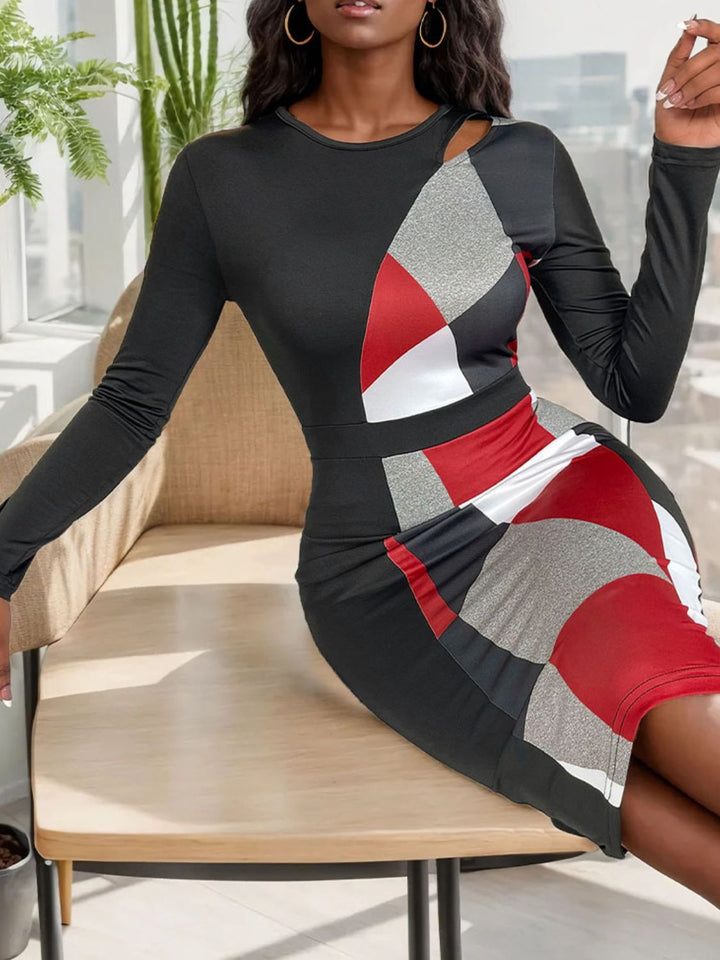 Perfee Cutout Color Block Round Neck Long Sleeve Dress for Women