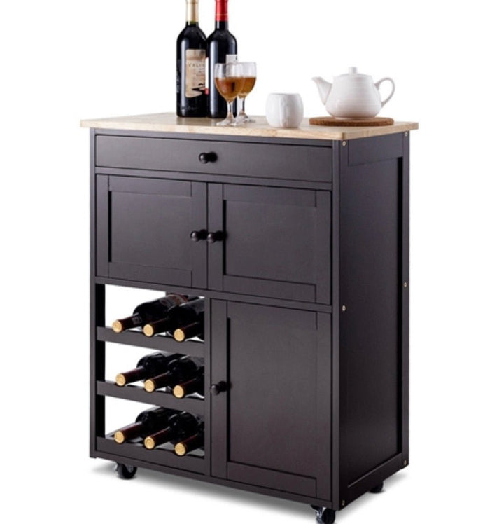 Brown Wood Mobile Kitchen Island Cart Cabinet with Wine Rack and Drawer - Ruth Envision