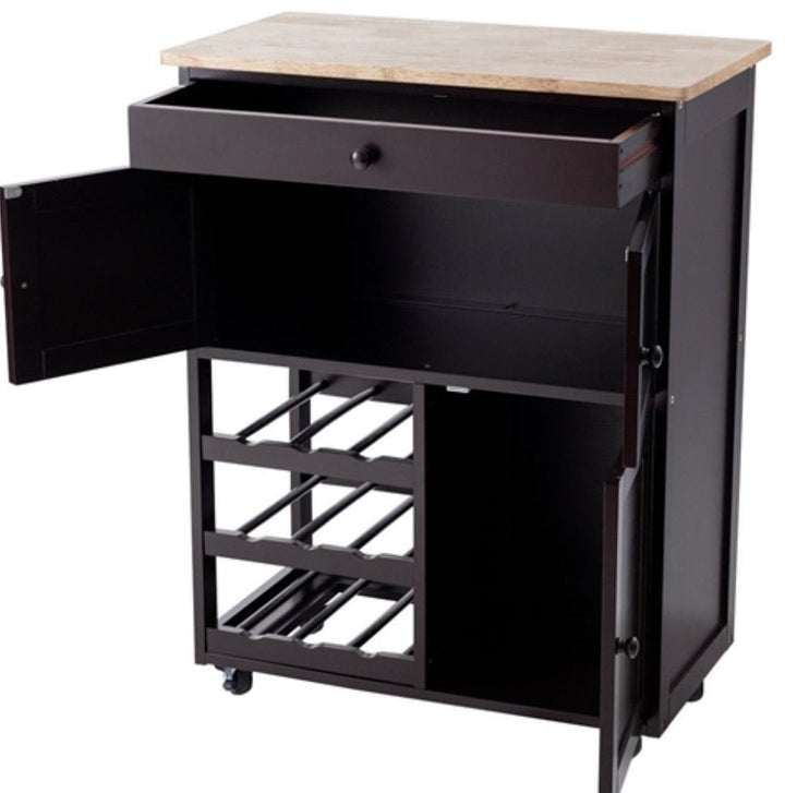 Brown Wood Mobile Kitchen Island Cart Cabinet with Wine Rack and Drawer - Ruth Envision