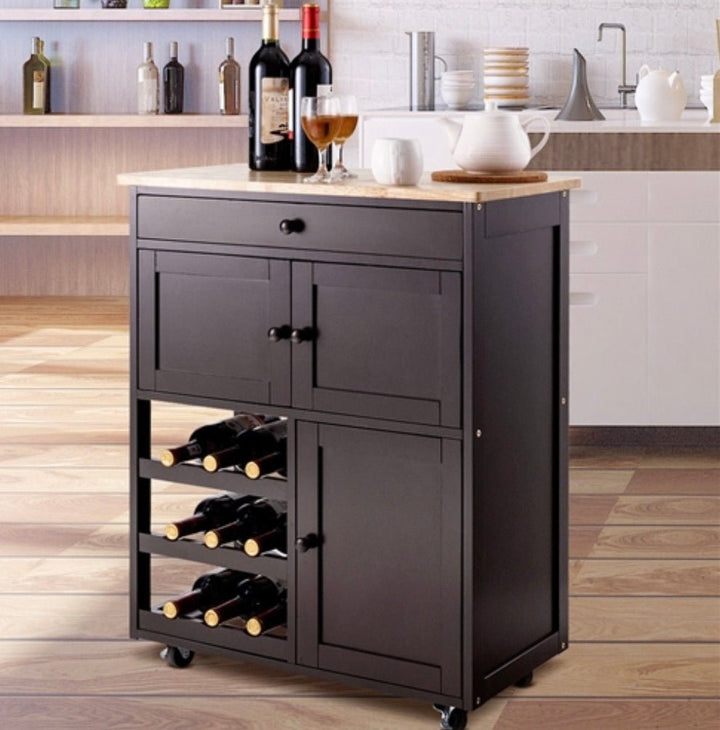Brown Wood Mobile Kitchen Island Cart Cabinet with Wine Rack and Drawer - Ruth Envision