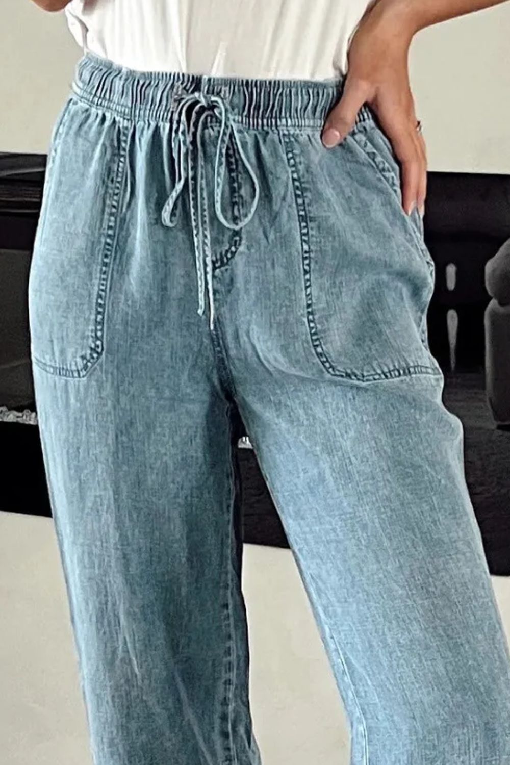 High-Rise Adjustable Waist Jeans with Pockets for Women